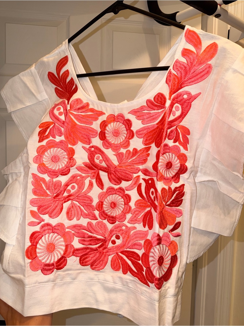 White Women's Embroidered Floral Top with bright Pink Motif
